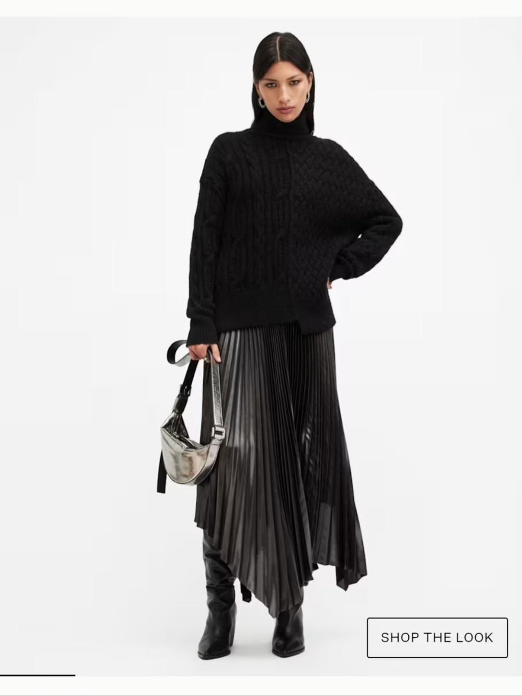 Allsaints Varla Cable Stitch Roll Neck Sweater Black Alpaca Blend Small